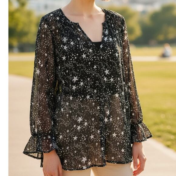 Modcloth Black Sheer Sparkle Star Long Sleeve Top Large - Picture 1 of 7